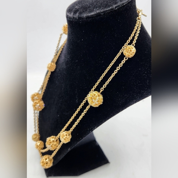 Charter Club Sautoir Gold Plated Floral Necklace / Cubic Zirconia Flowers Detail - Picture 5 of 14